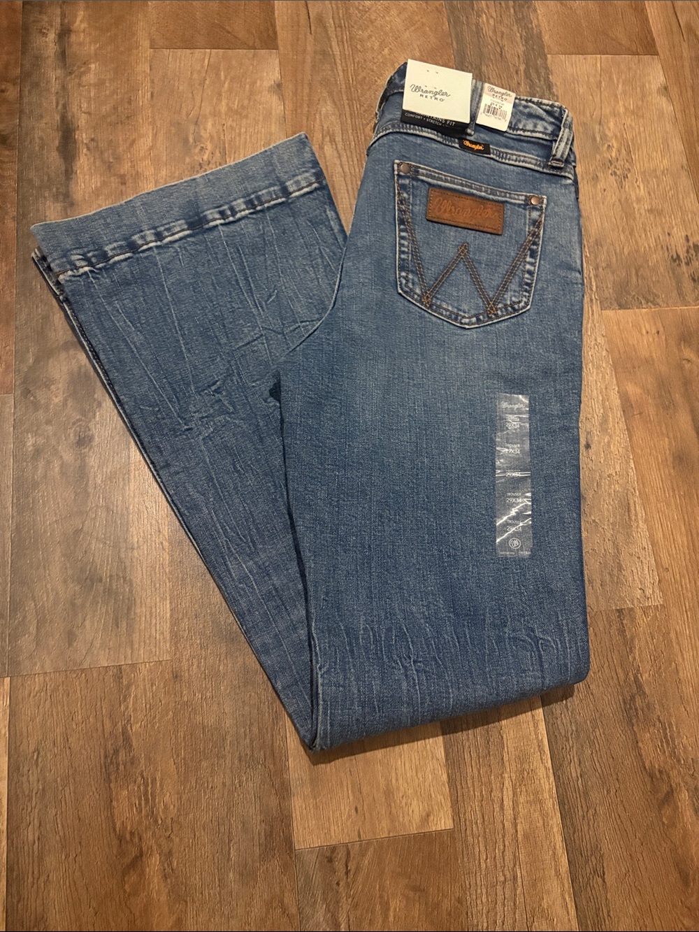 Wrangler Medium Blue Straight Leg Jeans with Leather Patch